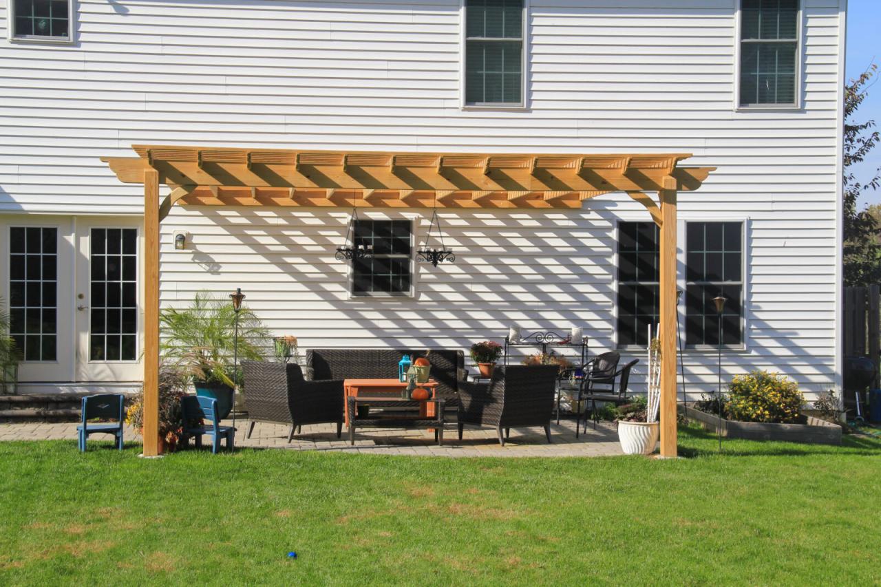 Wooden pergola with roof attached to house