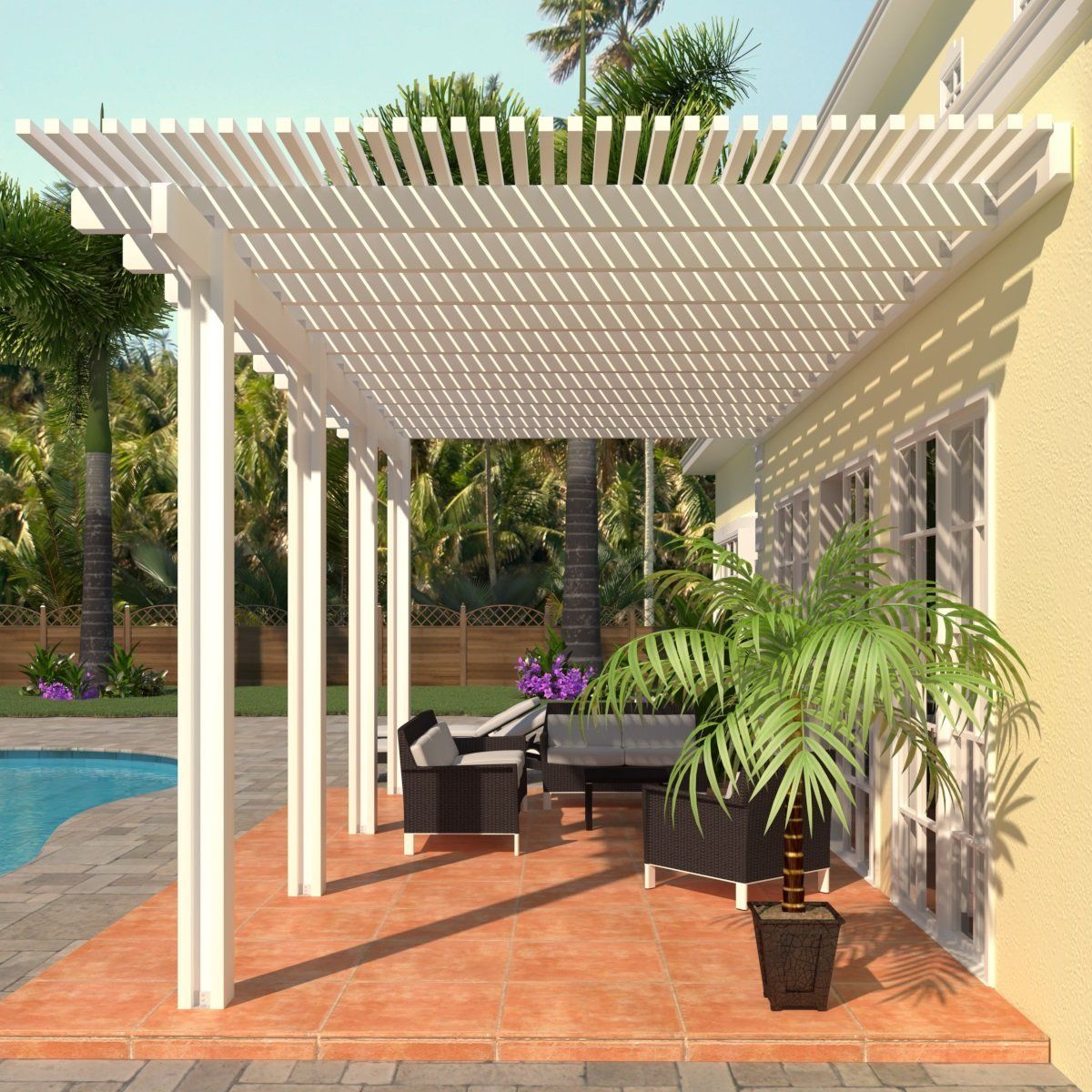 Aluminum pergola attached to house