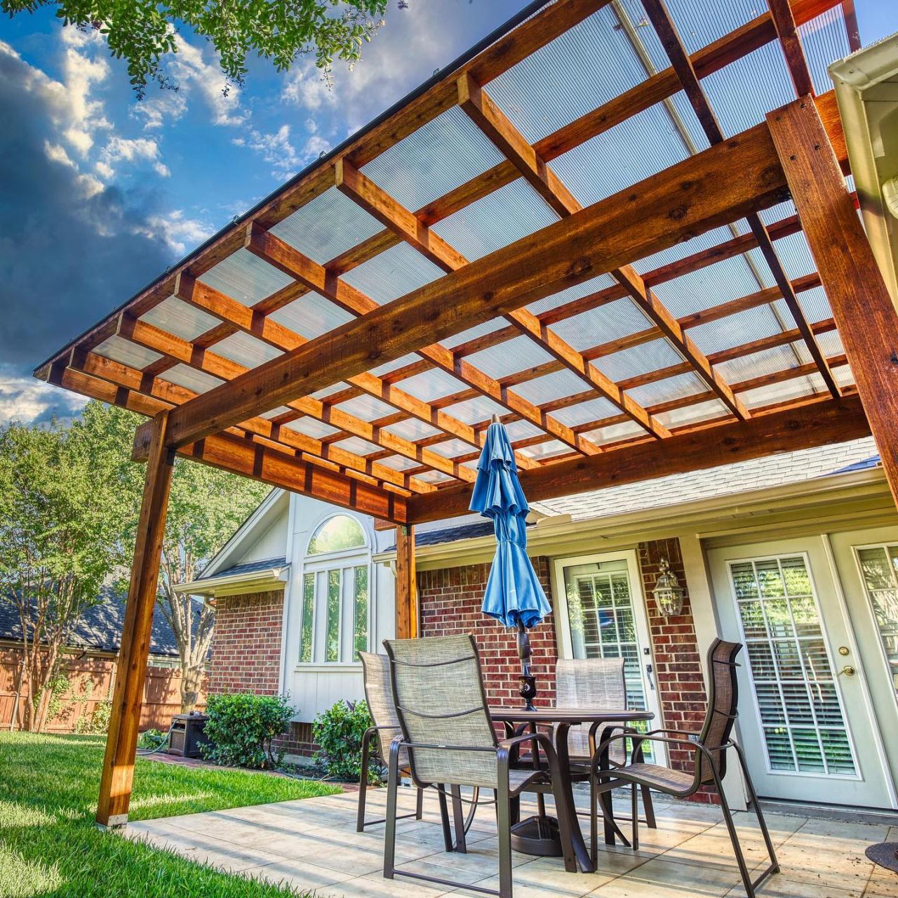 Covered pergola with fireplace