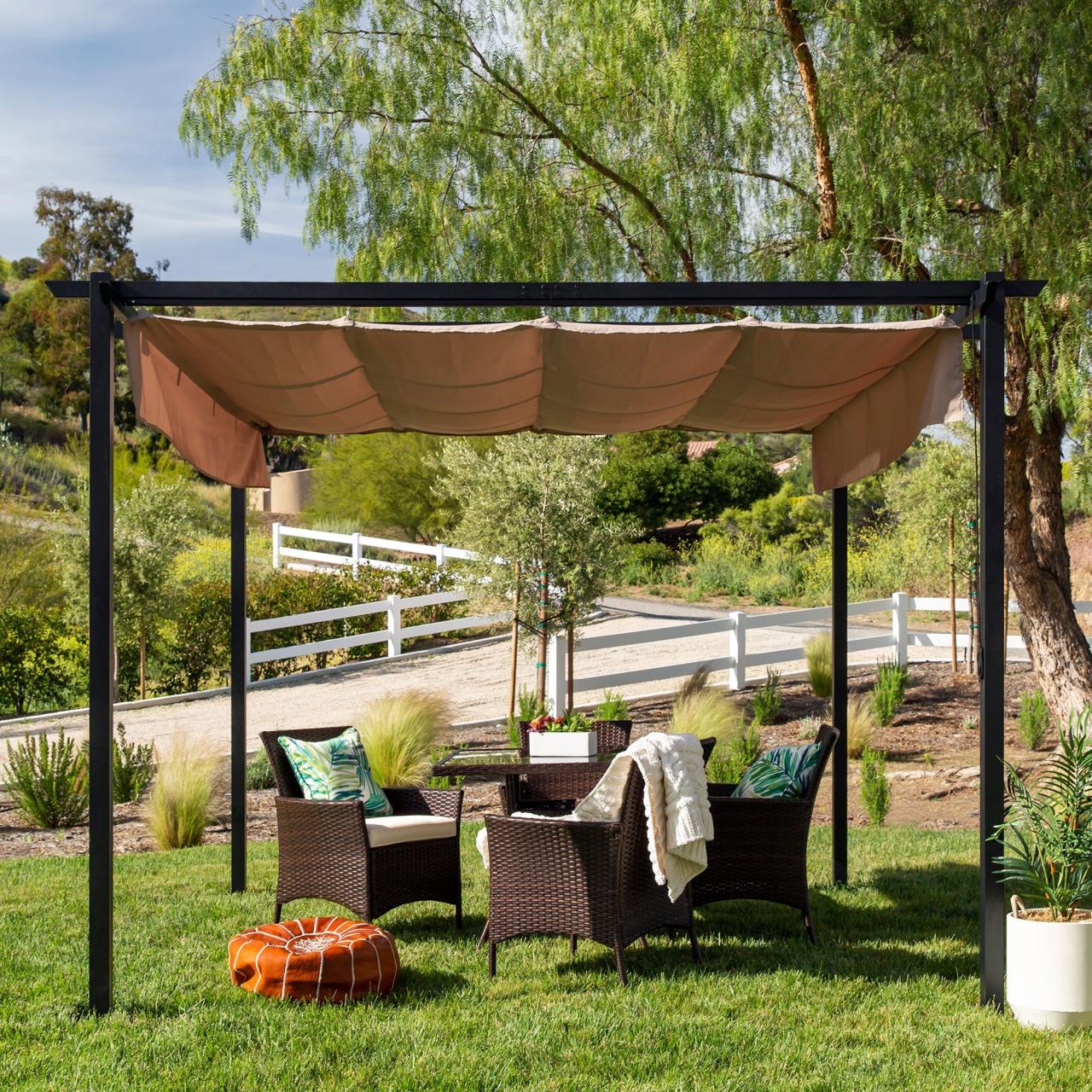 Gazebo pergola canopy retractable 10x10 aluminum brown ft coffee patio